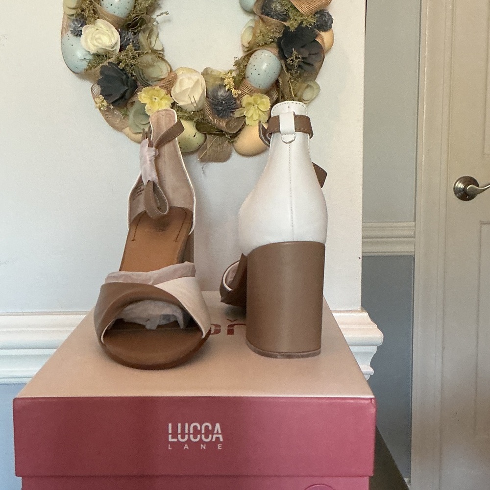 Lucca Lane Two-Tone Ankle Strap Block Heels in Beige & White